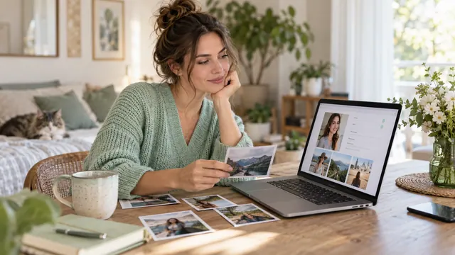 Dating profile example for a woman — Getting acquainted Choosing photographs and profile details on a laptop