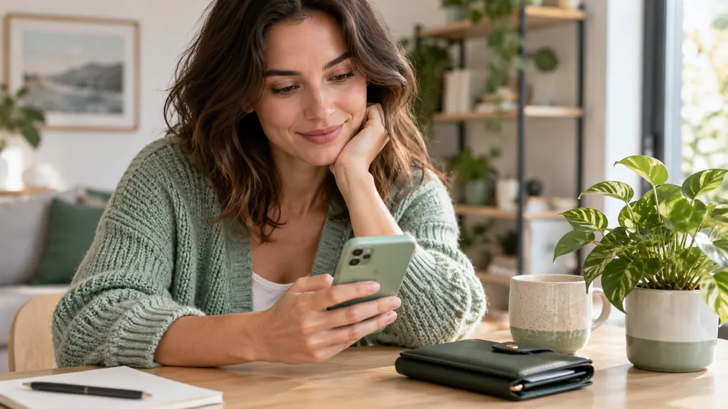 Registro gratuito en un sitio para conocer personas — Una idea para conversar Un teléfono y una cartera sobre un escritorio