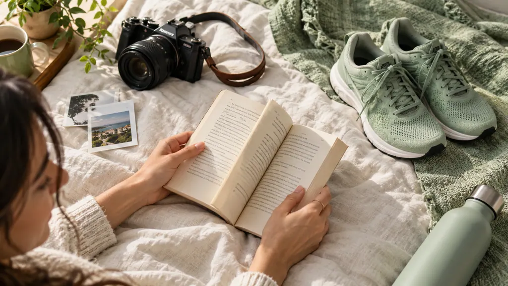 What to write about yourself in a dating profile — An idea for a conversation A book, camera and trainers on a light surface