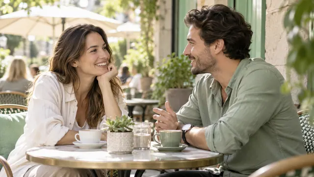 Meeting people to chat — Getting acquainted An easy-going conversation on an outdoor café terrace
