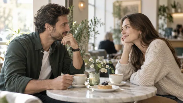 Dating for a serious relationship — Getting acquainted Two adults having a relaxed conversation at a café table