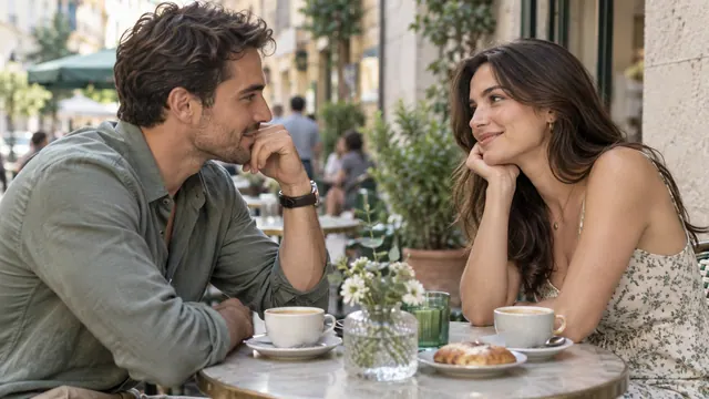 Dating for adults — Getting acquainted Adults getting acquainted at an outdoor café
