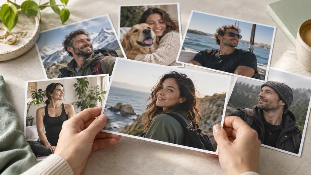 Several different portrait photographs on a table