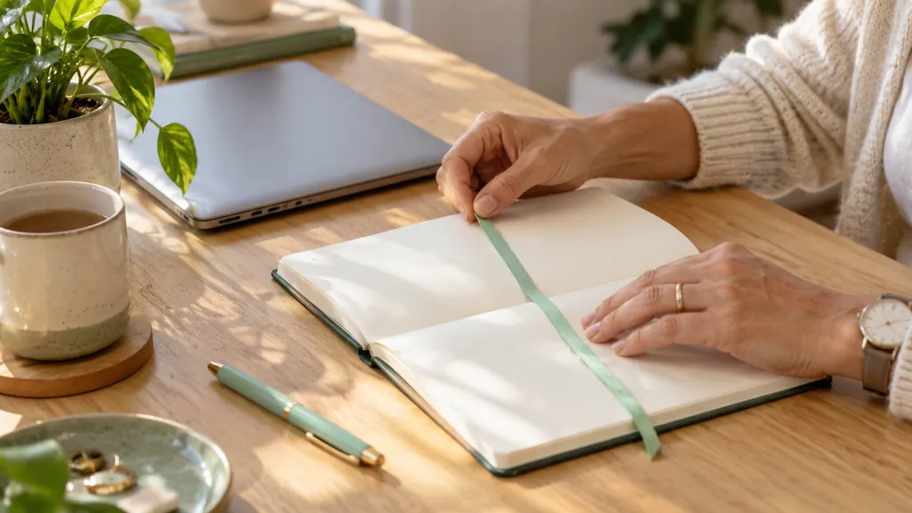 A hand places a bookmark in a notebook beside a closed laptop