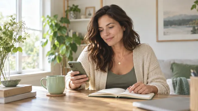 Tabor official dating website: check the address before signing in — Getting acquainted A woman checks a phone and notebook at a home desk beside a mint cup