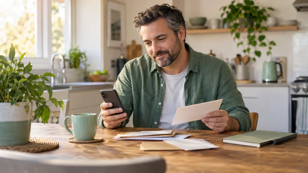 Un hombre revisa su teléfono en una mesa de cocina con cuaderno y sobres