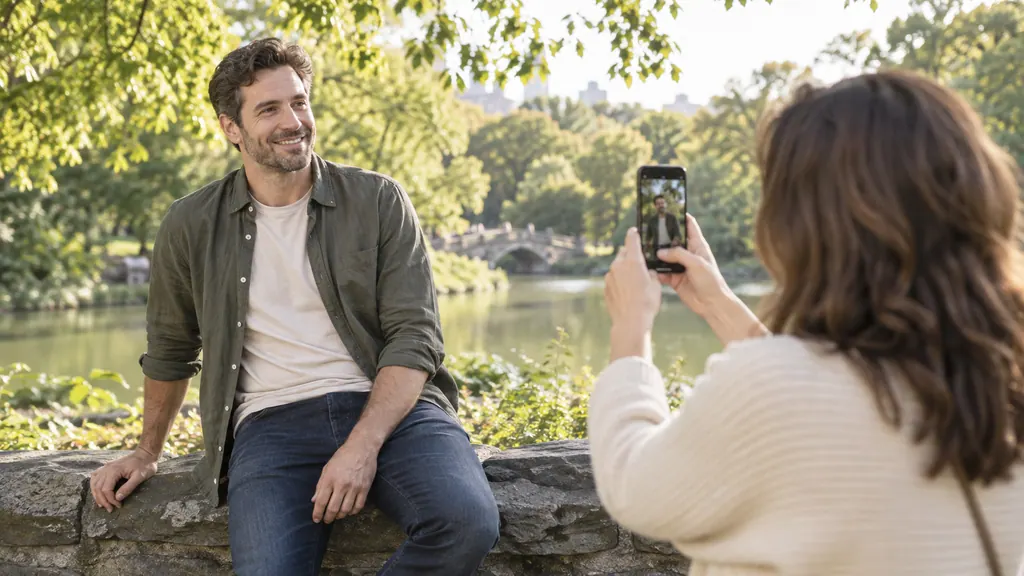 A woman photographs a man with a phone in a green park