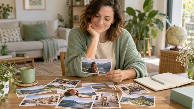 Tabor registration: prepare an honest, useful dating profile — Getting acquainted A woman selects her own photographs at a table beside a notebook