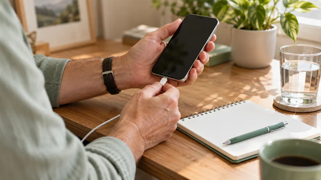 Download Tabor on your phone: check the app and its source — An idea for a conversation Hands connect a phone to a charger on a tidy desk with a notebook