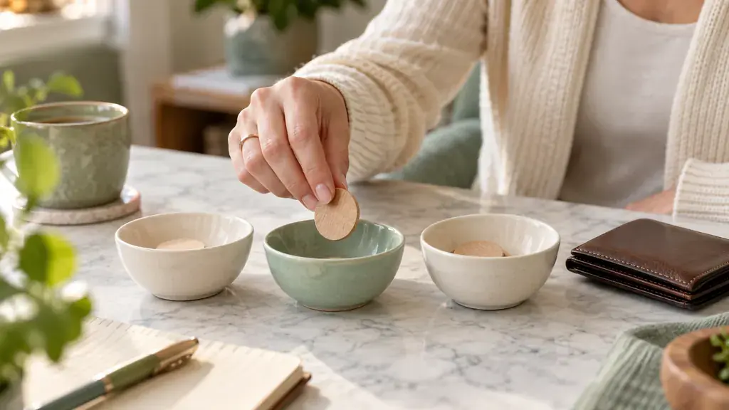A hand sorts wooden tokens into small bowls beside a closed wallet