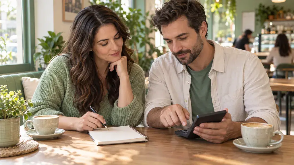 Two adults look at a calculator beside an open notebook and cups in a cafe