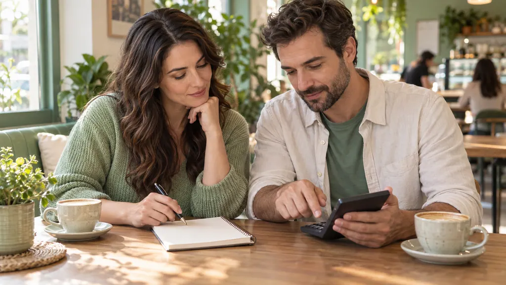 Is Tabor free? Check registration, paid options, and purchase terms — Getting acquainted Two adults look at a calculator beside an open notebook and cups in a cafe