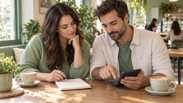 Is Tabor free? Check registration, paid options, and purchase terms — Getting acquainted Two adults look at a calculator beside an open notebook and cups in a cafe