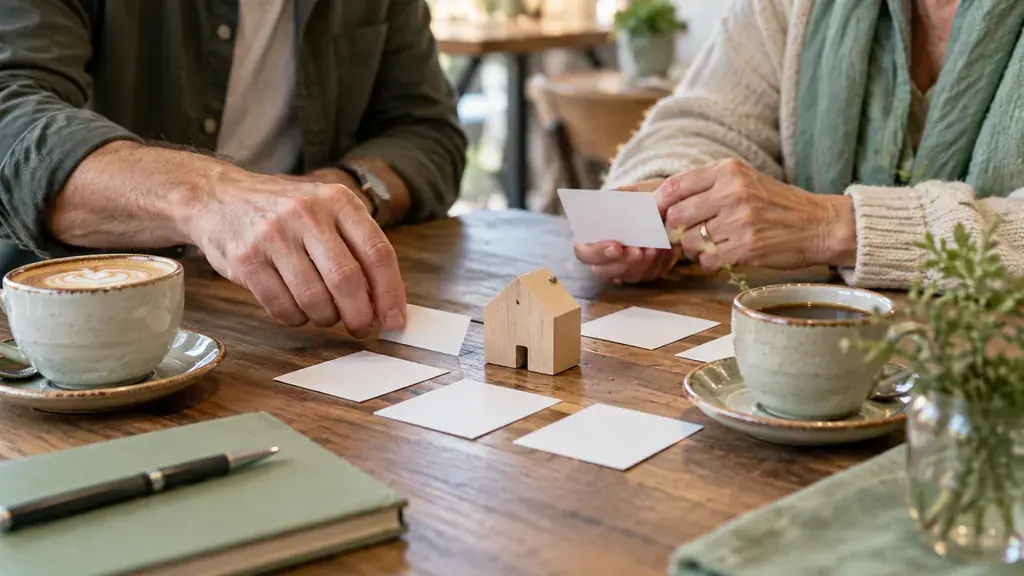 Mamba for serious relationships: a compatibility checklist — An idea for a conversation Hands arrange blank cards beside a small wooden house on a cafe table