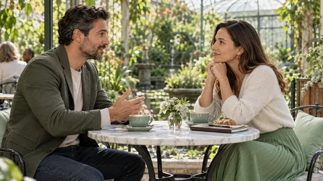 Mamba for serious relationships: a compatibility checklist — Getting acquainted Two adults discuss plans at a botanical garden cafe