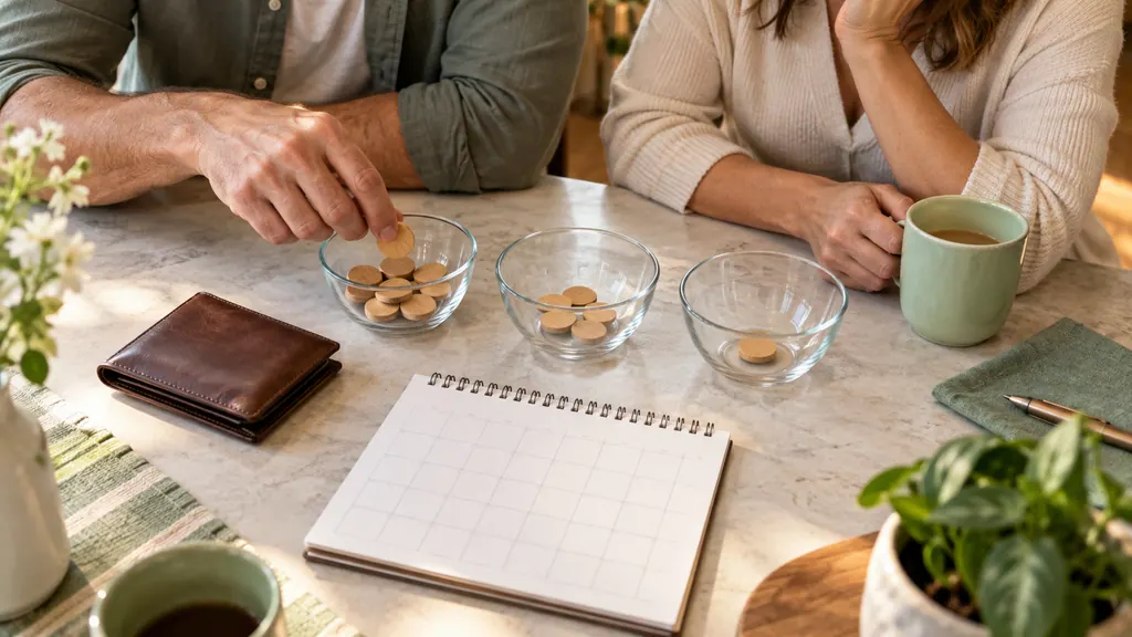 Wooden counters are distributed among three glass bowls beside a blank calendar