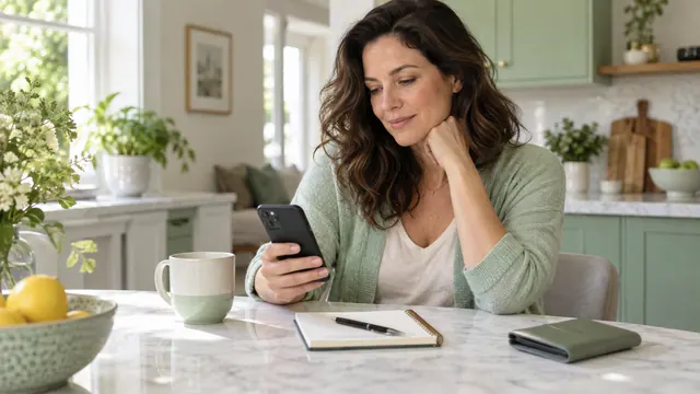 Free Mamba dating: check features, conditions and your budget — Getting acquainted A woman checks her phone beside a notebook and closed wallet