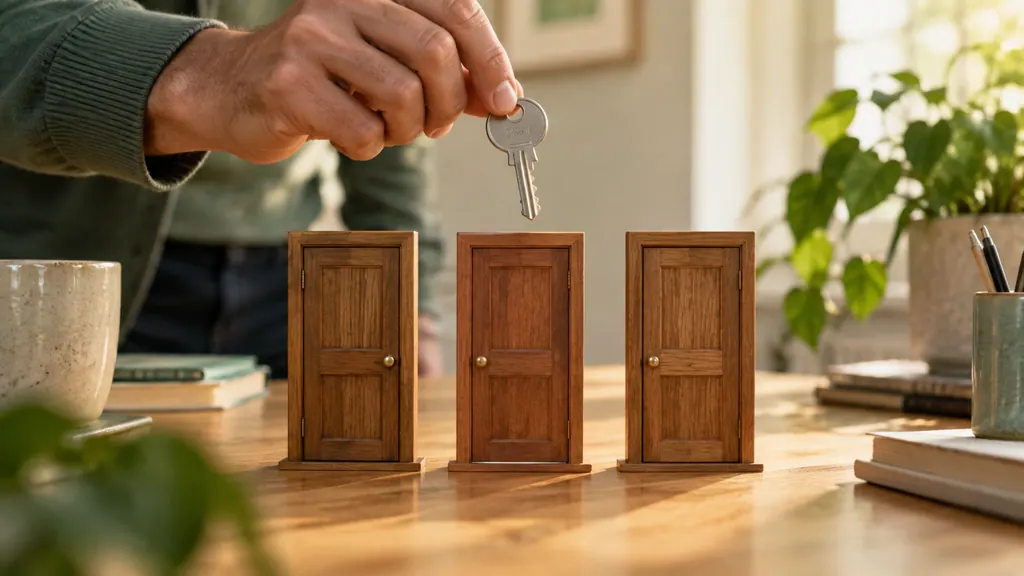 Una mano sostiene una llave sobre tres pequeñas puertas de madera separadas