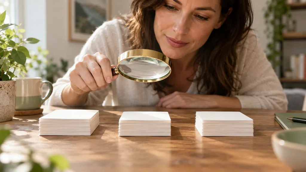 Mamba dating reviews: how to evaluate evidence and your experience — An idea for a conversation A woman holds a magnifying glass above three stacks of blank cards.