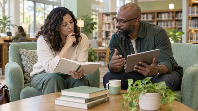 Mamba dating reviews: how to evaluate evidence and your experience — Getting acquainted Two friends discuss notes and a tablet in a library reading corner