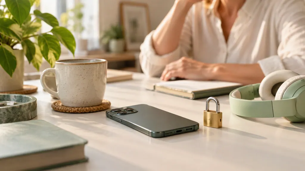 A phone lies face down beside a closed lock and wireless headphones