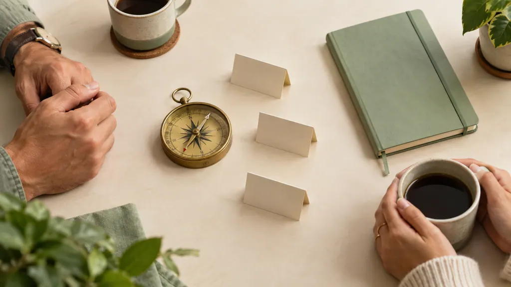 Una brújula junto a señales de papel vacías y un cuaderno cerrado