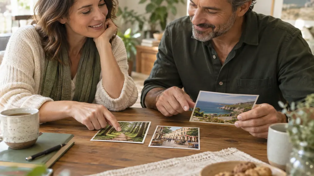 Unas manos eligen postales de un sendero, una cafetería urbana y una costa
