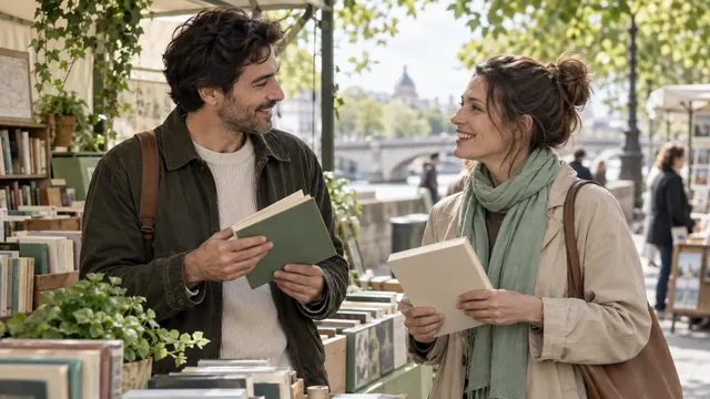 Mail Dating search: choose criteria and start a real conversation — Getting acquainted Two adults talk beside an outdoor bookstall