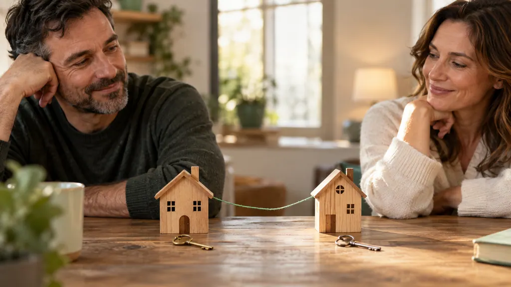 Two separate wooden houses are linked by a cord, each with its own key