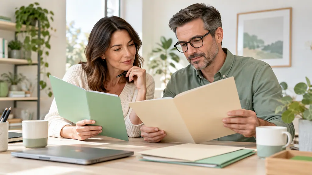 Two adults compare plain folders at a shared desk