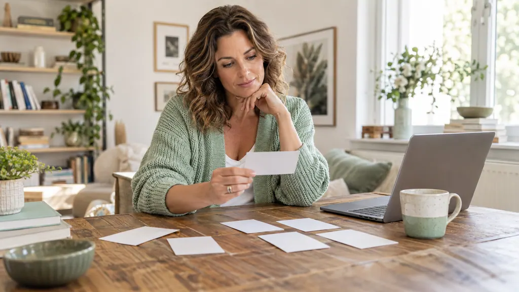 Tabor reviews: evaluate experiences without inventing a rating — Getting acquainted A woman compares paper cards beside an open laptop
