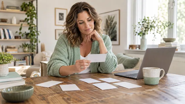 Tabor reviews: evaluate experiences without inventing a rating — Getting acquainted A woman compares paper cards beside an open laptop