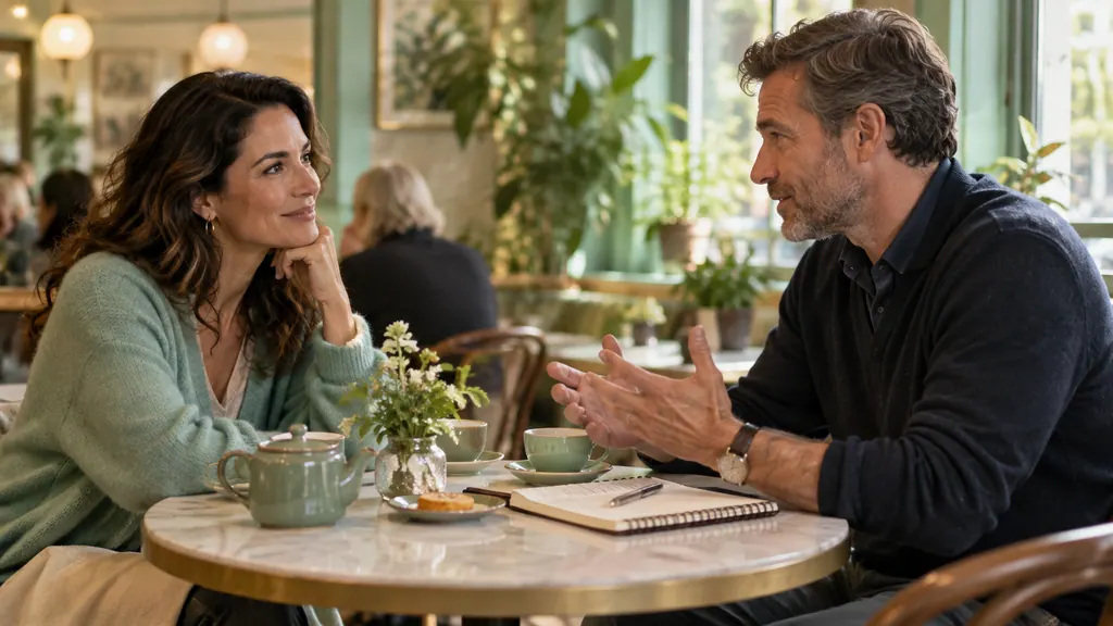 Tabor for serious relationships: discuss intentions and pace — An idea for a conversation Two people discuss plans at a cafe table beside a small notebook