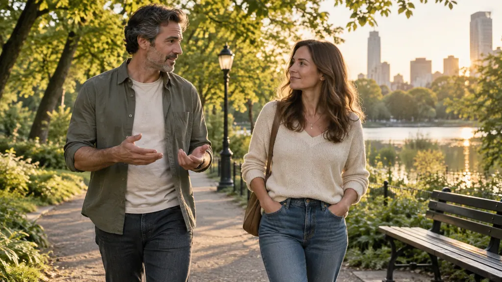Tabor for serious relationships: discuss intentions and pace — Getting acquainted Two adults talk calmly while walking through a green park