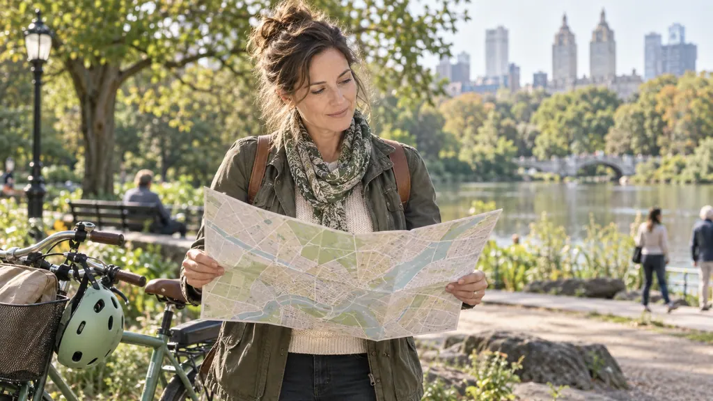 Tabor profile search: choose criteria and ask better questions — An idea for a conversation A woman beside a bicycle studies a city map in a park