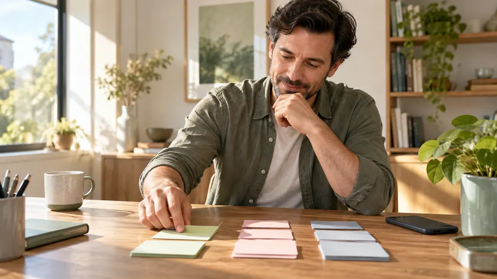 Tabor profile search: choose criteria and ask better questions — Getting acquainted A man sorts pastel cards on a bright desk
