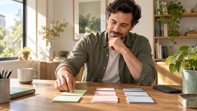 Tabor profile search: choose criteria and ask better questions — Getting acquainted A man sorts pastel cards on a bright desk