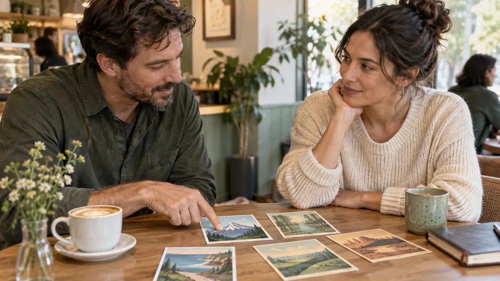 Two adults discuss landscape cards at a cafe table