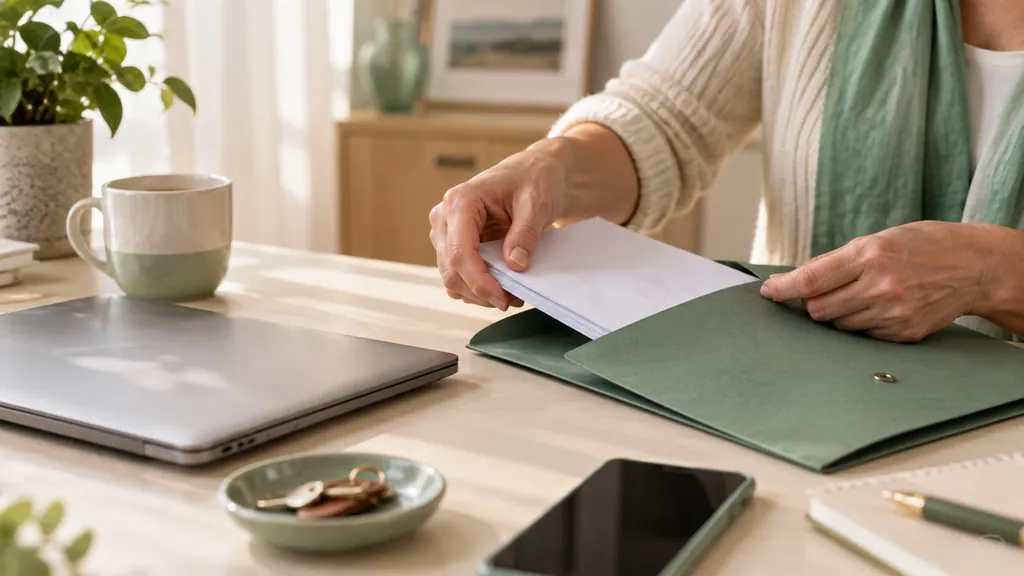 Unas manos guardan documentos personales en una carpeta junto a un portátil cerrado