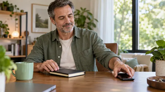 Delete a Tabor profile: privacy and account departure checklist — Getting acquainted A man rests one hand on a closed notebook and the other on a phone at a home desk