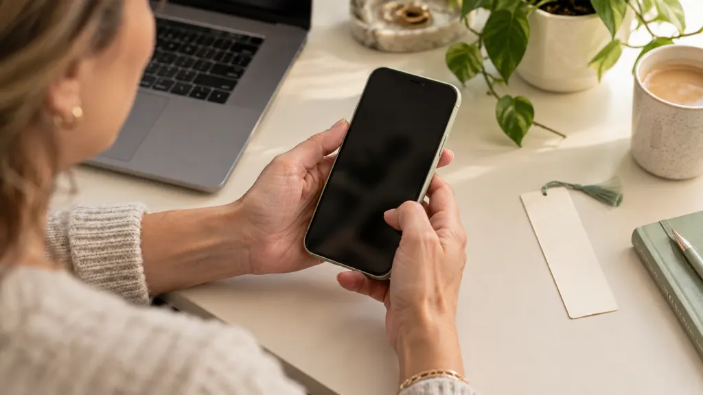 VK Dating: find the official website and choose the app — An idea for a conversation Hands hold a phone above a desk beside a laptop and notebook.