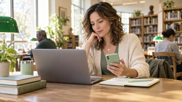 VK Dating: find the official website and choose the app — Getting acquainted A woman compares a phone and laptop at a public library desk.