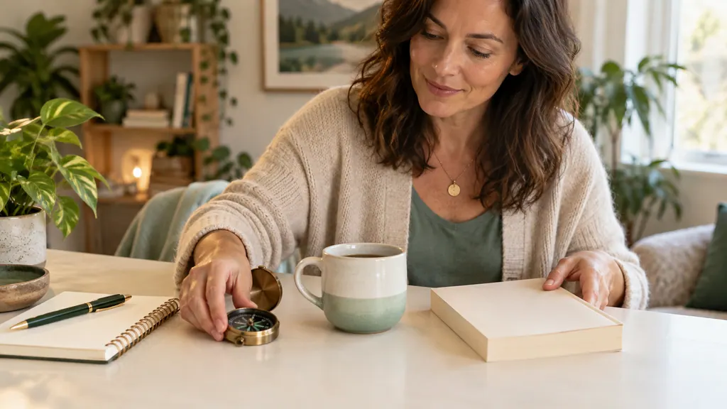 Your VK Dating profile: interests, photos and a useful introduction — An idea for a conversation A woman arranges a compass, ceramic cup and book on a table.