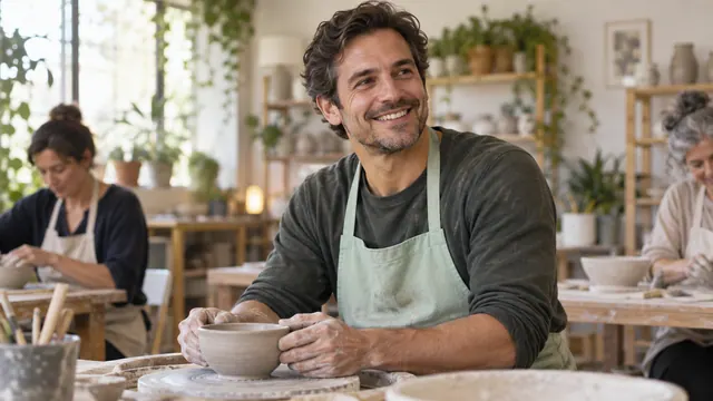 Your VK Dating profile: interests, photos and a useful introduction — Getting acquainted A man sits at a pottery wheel and holds an unfinished bowl.