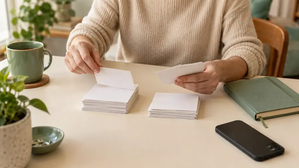 Hands sort cards beside a closed notebook and a face-down phone.