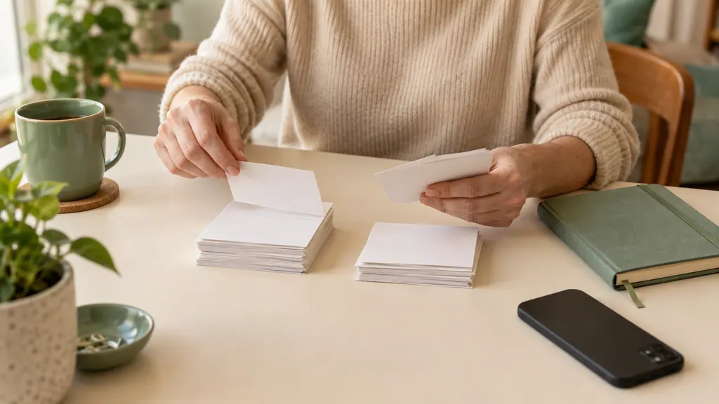 Eliminar un perfil de VK Dating: qué revisar antes de confirmar — Una idea para conversar Unas manos ordenan tarjetas junto a un cuaderno cerrado y un teléfono boca abajo.