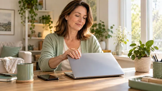 Delete a VK Dating profile: what to check before confirming — Getting acquainted A woman closes a laptop on a tidy home desk.