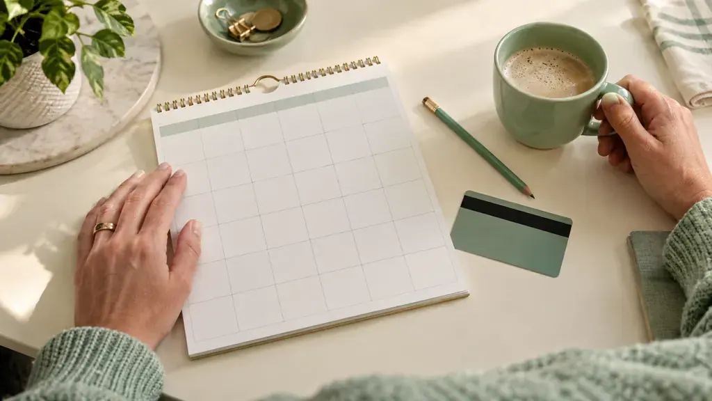 A blank calendar grid, face-down card and pencil lie on a table.