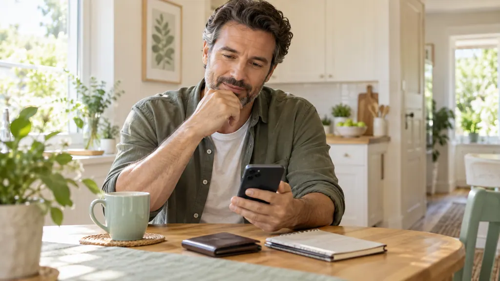 VK Dating free access and Premium: questions before paying — Getting acquainted A man considers his phone beside a closed wallet and notebook.