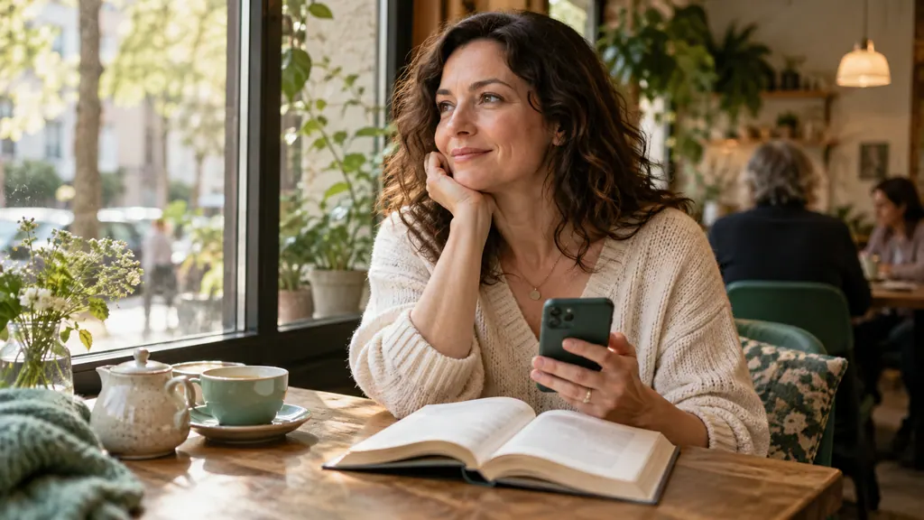 A woman by a café window considers a message beside a book and tea.